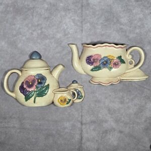 Vintage Burwood 2 Tea Pot‎ with Pansys Retro Wall Hanging Plaques Cottage Core